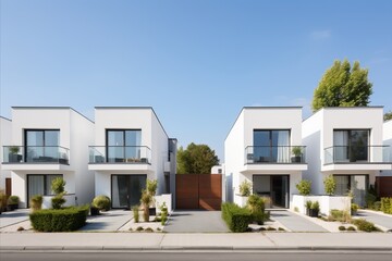 Fototapeta na wymiar Contemporary Private White Townhouses. Minimalist Residential Architecture in Urban Landscape