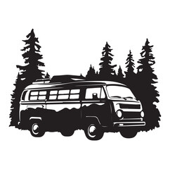 Camper in the Woods and Mountain, Camping in the Nature, Hand Drawn Vector Illustration