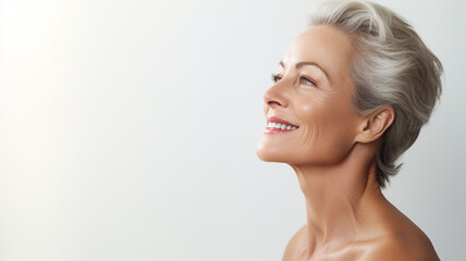 Naklejka premium side view Attractive gorgeous mature older woman looking at camera isolated on white background advertising skincare spa treatment. Mid age tightening face skin care rejuvenation cosmetics concept.