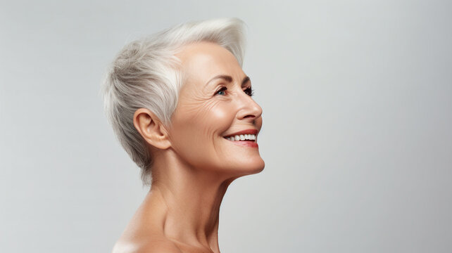 side view Attractive gorgeous mature older woman looking at camera isolated on white background advertising skincare spa treatment. Mid age tightening face skin care rejuvenation cosmetics concept.