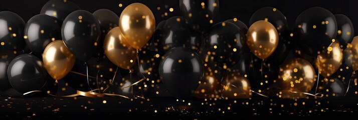 Black and Gold Balloons and Confetti - Festive Party Background with Empty Space