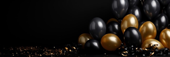 Black and Gold Balloons on Dark Background. Festive Greeting Card with Empty Space for Text