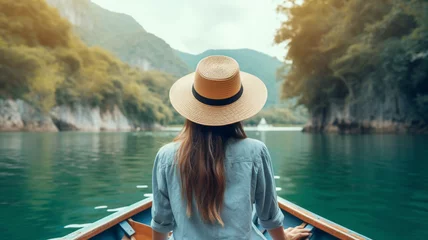 Foto op Canvas young woman tourist on the boat at lake  in asia © sema_srinouljan