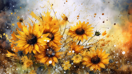 Watercolor sunflowers art, ala prima, painting with spots and splashes, picturesque still life, summer and autumn sunny flowers, poster, background, wallpaper, generative AI