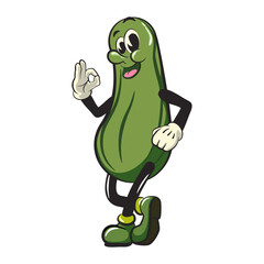 vintage character mascot illustration of a stylized cucumber calmly giving an okay sign
