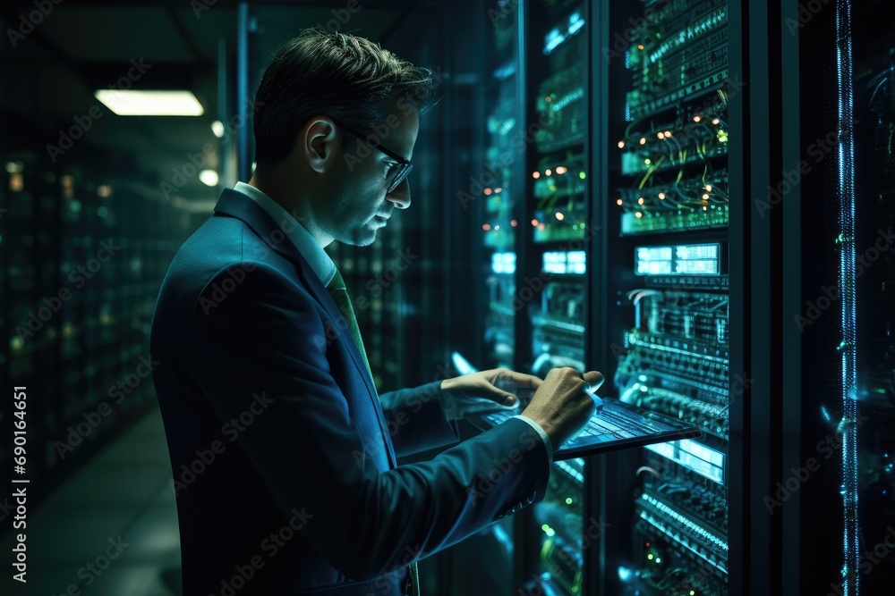 Poster side view of young businessman using tablet while standing in server room, administrator working wit