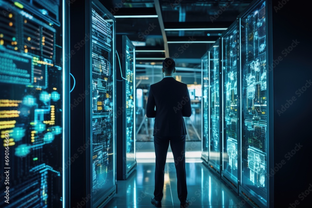 Poster back view of businessman standing in server room and looking at big data, administrator working with