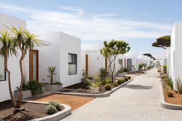 Fototapeta na wymiar Modern White Townhouses. Striking Modular Architecture for Elegant Minimalist Residential Living