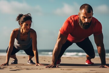 Fitness couple in sportswear doing push ups on the beach, Adult fitness couple doing exercise...