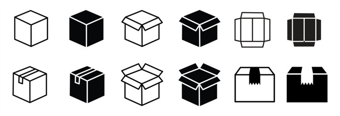Box delivery icon set. Shopping package box. Box icon collection. Cardboard box icons in line and flat style. Vector illustration.