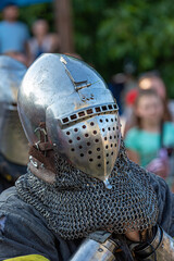 Historical restoration of knightly fights. Summer time medieval festival .Festival of medieval culture in the old fortress with knightly battles.