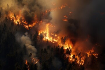 Fototapeta na wymiar Forest fire. Burning dry grass and trees in the smoke. Natural disaster, Aerial view of a burning forest, Wildfire, global warming and climate change concept, AI Generated