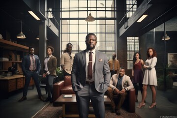 Business People Meeting Conference Discussion Corporate Concept. Portrait of young African American businessman in suit, African American Businessman Boss With Group, AI Generated