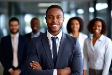 business, people and office concept - smiling african american businessman with crossed arms over office background, African American Businessman Boss With Group Of, AI Generated