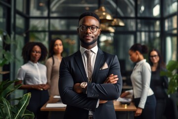 Fototapeta premium Portrait of confident african american businessman with crossed arms standing in modern office, African American Businessman Boss With Group Of Business People In Creative Office, AI Generated