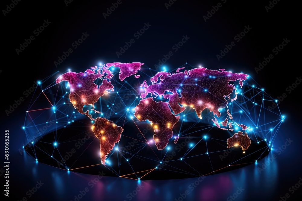 Poster glowing polygonal world map on dark background. 3d rendering, abstract world network connection on a