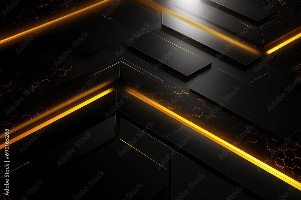 Aufkleber abstract black background with glowing lines and hexagons. 3d render, abstract yellow light arrow on