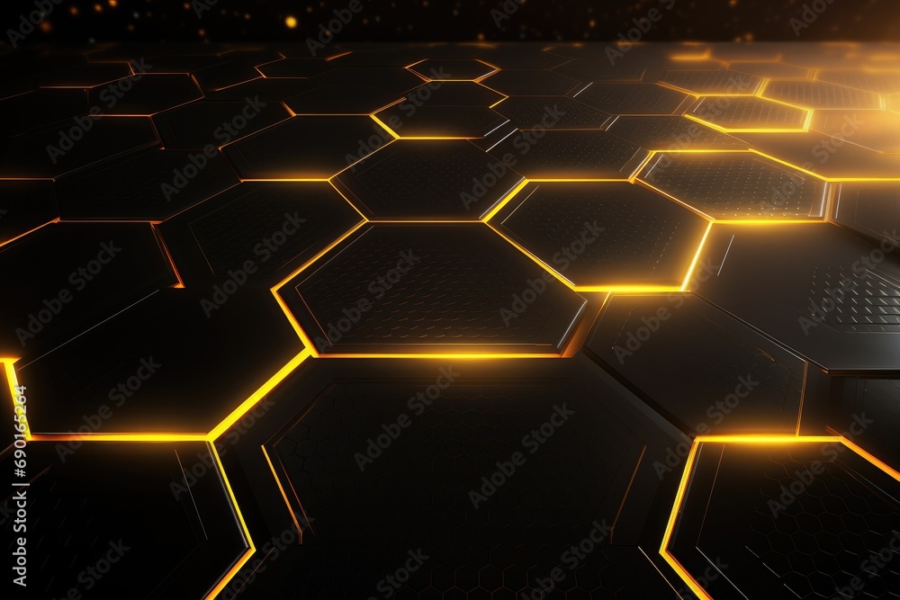 Poster abstract technology background with hexagons and glowing lines. 3d render, abstract yellow light arr