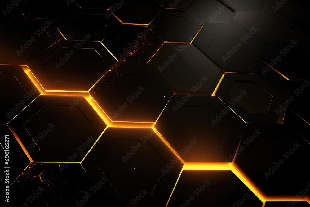 Poster abstract technology background with glowing hexagons. 3d render illustration, abstract yellow light 
