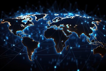 World map glowing on blue background. Globalization concept. 3D Rendering, Abstract world network connection on a glowing world map, black background, AI Generated