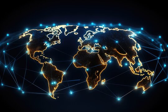 Fototapeta Global network connection on the world map. 3d rendering and illustration, Abstract world network connection on a glowing world map, black background, AI Generated