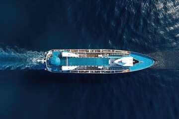 Aerial view of cargo ship in deep blue sea. 3d rendering, Aerial top down view of a cruise ship bow traveling over blue ocean, AI Generated - obrazy, fototapety, plakaty