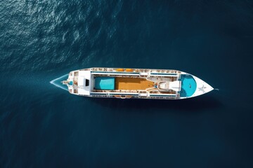 Aerial view of a luxury yacht sailing in the blue sea, Aerial top down view of a cruise ship bow...
