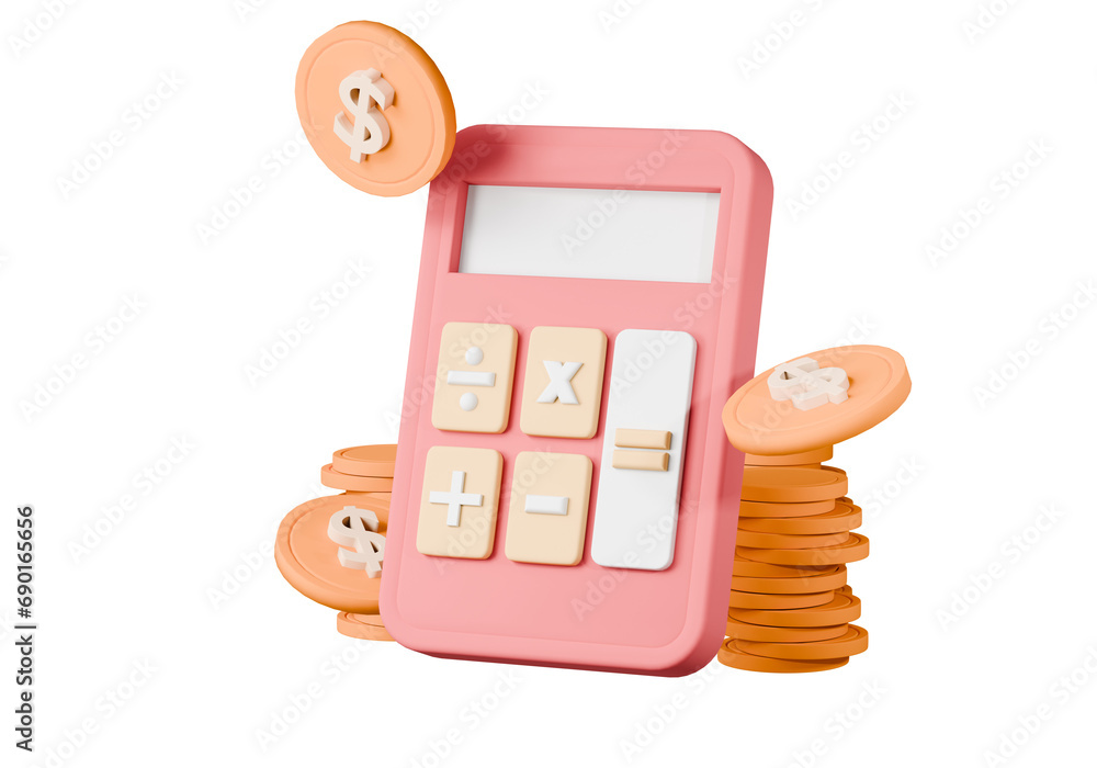 Poster 3d pink calculator with coin stack and float icon. financial management, budget and earnings busines