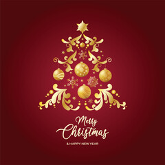 Merry Christmas and Happy New Year greeting card with stylized golden christmas tree on a red background. Beautiful golden luxury abstract christmas tree icon vector. Gold shiny christmas bauble tree