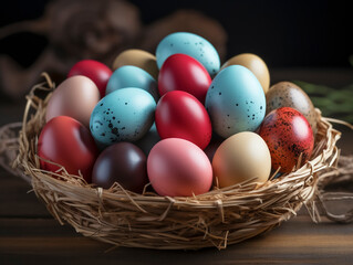 Fototapeta premium Different colored Easter eggs lie in a green meadow full of daisies, AI generated