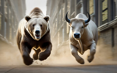 Bear and bull running side by side through a financial district - the two symbolic beasts of finance at a rally - obrazy, fototapety, plakaty