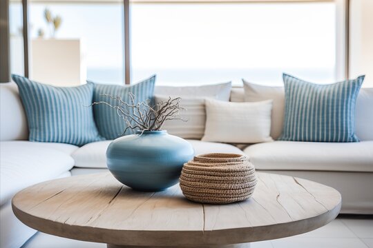 Close-up of Rustic Coffee Table with Flower Vase in Coastal-style Modern Living Room Interior