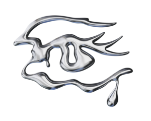 3d chrome metal organic fluid shape of eye. Abstract liquid mercury metallic icon. 3d rendering aluminum gradient shape design element isolated on white background. Brutalist futuristic style