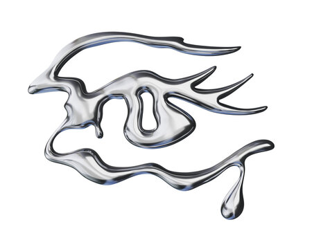 3d chrome metal organic fluid shape of eye. Abstract liquid mercury metallic icon. 3d rendering aluminum gradient shape design element isolated on white background. Brutalist futuristic style