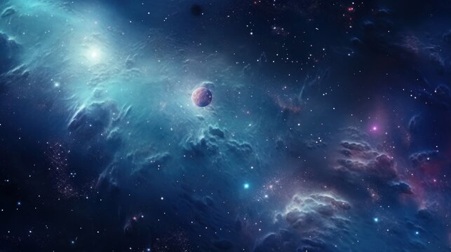 An outer space background with stars, planets, and galaxies.