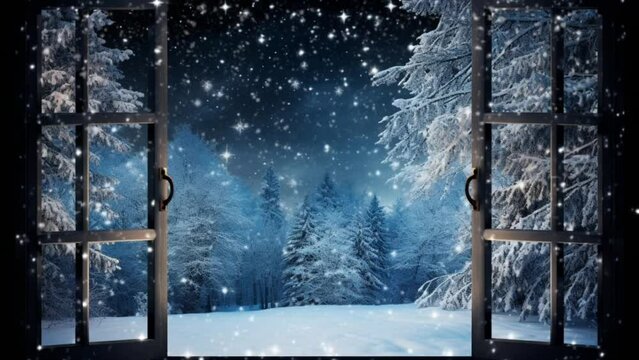 Winter at the window with snowfall. seamless looping  time-lapse virtual video animation background. Generated AI
