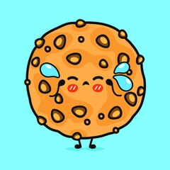 Crying Oatmeal cookies character. Vector hand drawn cartoon kawaii character illustration icon. Isolated on blue background. Sad Oatmeal cookies character concept