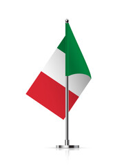Flag of Italy on pole vector illustration. 3D realistic flagpole on mini steel vertical stand, isolated desktop flagstaff, green, white and red italian flag with stripes on metal sticks