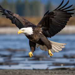 bald eagle in flight catching a fish.