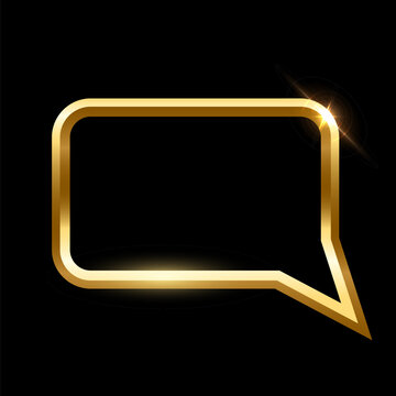3D gold frame of speech bubble vector illustration. Realistic glossy golden balloon of social media chat on black background, elegant shiny dialog conversation cloud template with glow light effect
