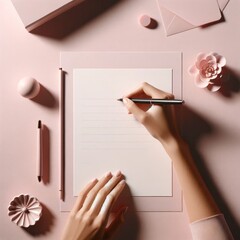A well-groomed hand holding a pen writing on a lined paper with a pink theme and various accessories