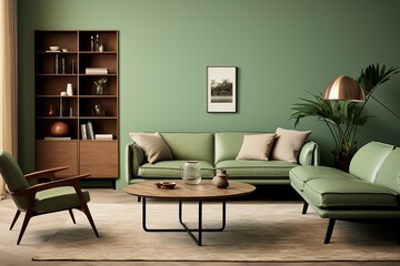 Chic modern living space with a green sofa, wooden coffee table, and decorative items on the shelf