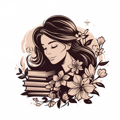 Illustration of girl with books and flowers
