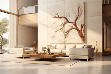 Expansive living room space with comfortable seating, refined decor, and a large piece of tree artwork