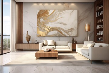 Opulent living room interior with striking golden marble artwork above white couch, exuding elegance