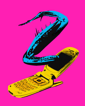 Crab claw stickling out of retro mobile phone on pink background. Marketing, call center, sales. Contemporary art collage. Concept of surrealism, creativity, imagination, retro style. Colorful design
