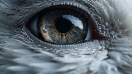 Close up snowy owl eye with wooden background