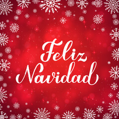 Fototapeta na wymiar Feliz Navidad calligraphy hand lettering on red background with bokeh and snowflakes. Merry Christmas typography poster in Spanish. Vector template for greeting card, banner, flyer, etc.