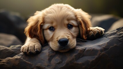 Cute and confident golden retriever puppy dog laying in black rocks outside