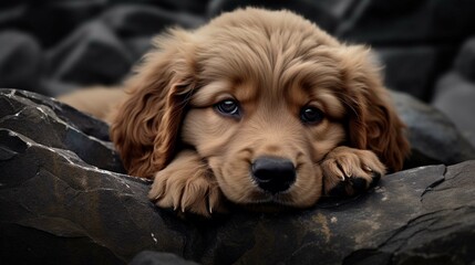 Cute and confident golden retriever puppy dog laying in black rocks outside